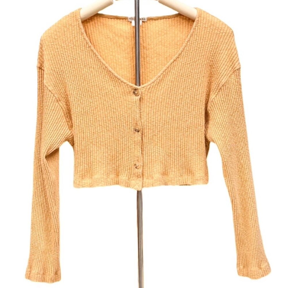 BIllabong MSRP $65 Crop Rib Knit Button Front Cardigan Tan Long Sleeve Top MED